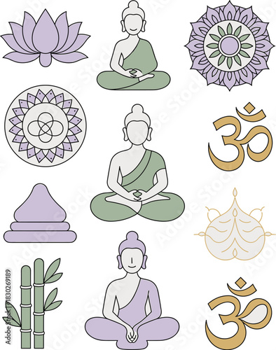 Collection of spiritual and meditative vector icons featuring three seated meditating Buddhas, sacred Om Aum symbol, purple lotus flower, green bamboo, mandala chakra design, and ancient stupa shape;