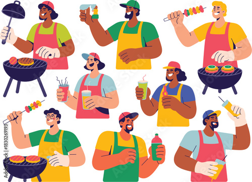 Diverse group of cheerful men and women cooking barbecue food, grilling fresh burgers, vegetables, and meat skewers while enjoying refreshing cold drinks at an outdoor summer picnic party, modern vect
