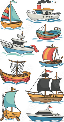Collection of colorful cartoon doodle boat illustrations depicting various vessels like traditional sailing ships, modern speed yachts, fishing trawlers, steamboats, and small dinghies for nautical tr