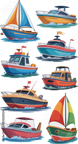 Diverse collection of colorful cartoon vector boats and nautical ships including sailboats, yachts, fishing cruisers, and powerboats, perfect graphic design illustration assets for travel, tourism, an