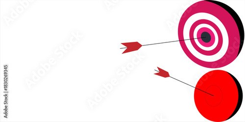 Hand drawn cute illustration of arrow hit center of target. Flat vector hit the bull's eye in doodle. Successful strategy icon. Goal achievement. Find problem solution. Unsuccessful attempts. Isolated