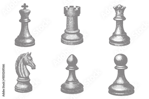 Retro chess pieces, king, queen, bishop, knight, rook, pawn illustration. Vintage chess pieces collection for engraving design. Eps 10
