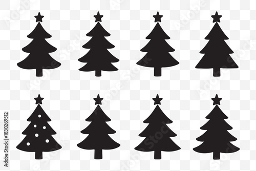 Christmas tree silhouette clipart set. Black Christmas tree drawing clip art collection in white background for x-mas season pine tree flat icon decoration vector illustration.