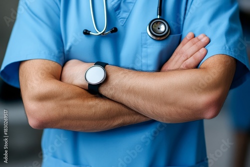 Healthcare, doctor or arms crossed with stethoscope in clinic for wellness appointment, trust or surgery. Closeup, medical worker or cardiology with pride in hospital, consulting, Generative AI