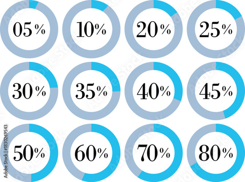 Infographic Circle with Percentage Icon set. Round diagrams icons for infographics from 0 to 100 percent collection.Design for dashboards, UI, reports, and analytics visuals. Vector illustration.