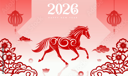 Chinese style paper cut festive atmosphere Horse Spring Festival banner