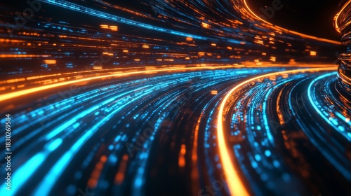Fototapeta Naklejka Na Ścianę i Meble -  Architectural visualization of light data transfer, interweaving blue and orange neon pipelines against absolute darkness, hyper-realistic 3D render with motion streaks, technological abstraction