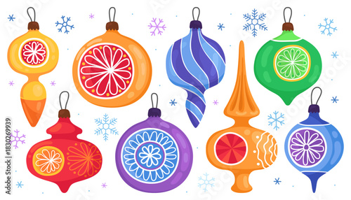 Collection of colorful vintage New Year's toys. Colorful New Year's toys, balls, icicles. Christmas tree decor. Cute cartoon illustrations.