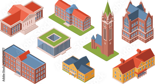 Isometric vector collection of institutional university campus buildings including traditional architecture, modern academic libraries, historic collegiate complexes, and educational infrastructure pl