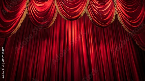 Massive draped theater curtains with detailed fabric folds, single powerful spotlight creating dramatic central highlight against crimson velvet, historic vaudeville stage presence, subtle gold
