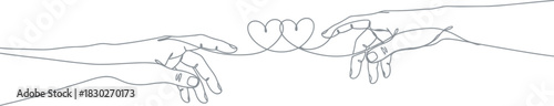 Continuous line drawing of two human hands reaching and connected by a thread forming intertwined hearts, symbolizing love and bond. Vector