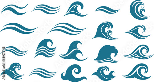 Stylized blue ocean waves, abstract water current elements, set of graphic sea wave symbols and icons collection Vector