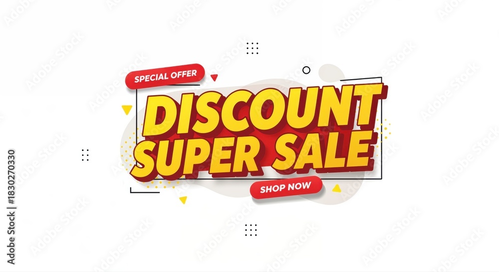 Fototapeta premium Discount Super Sale Banner with Special Offer Tag: A vibrant graphic banner announcing a Discount Super Sale with a Special Offer tag and a Shop Now button.