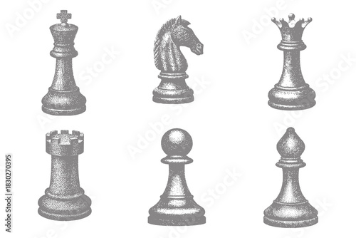 Trendy Halftone chess pieces set vector illustration. Vintage king, queen, bishop, knight, rook, pawn Abstract  Collage element. Eps 10