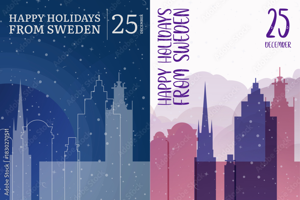 Naklejka premium Vector posters and cards set for winter holiday greetings from Sweden – Christmas, New Year. Designs with Stockholm and national landmarks, festive elements. Printable, editable