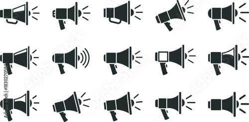 Collection of diverse megaphone icons illustrating public address, announcements, marketing, and communication concepts. Vector