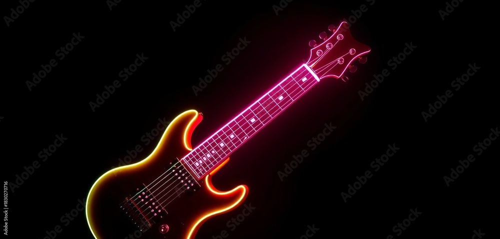 Obraz premium Neon guitar glowing vibrantly against a dark background, ideal for rock music event promotion, rock and roll, graphic