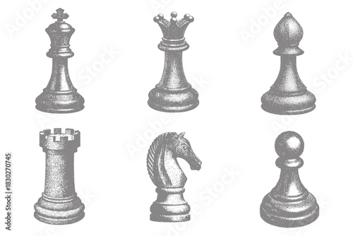 Trendy Halftone chess pieces set vector illustration. Vintage king, queen, bishop, knight, rook, pawn Abstract  Collage element. Eps 10