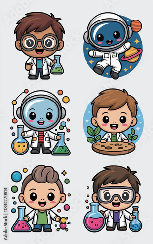 Six adorable chibi scientist cartoon characters vector icons promoting STEM education, featuring diverse young boys, chemists with flasks, safety goggles, and astronauts exploring space and science re