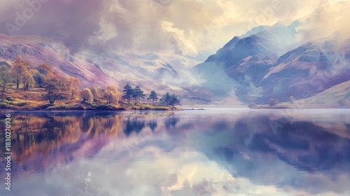 Rolling fells of Langdale Valley with stratified cloud layers painted in amber and violet, mirror-like lake reflection, English pastoral landscape, ethereal mountain mist