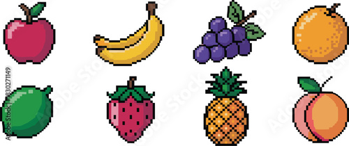 A vibrant collection of healthy pixel art fruits including red apple, yellow banana, purple grapes, juicy orange, green lime, ripe strawberry, tropical pineapple, and pink peach, illustrated in a clas