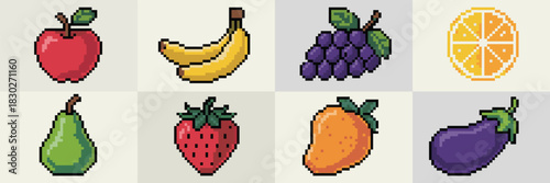 Vibrant pixel art collection of fresh, colorful fruits and vegetables grid, isolated on a clean background, featuring 8-bit retro icons like apple, banana, grapes, strawberry, pear, and purple eggplan