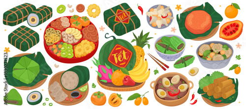 Collection of Vietnamese traditional holiday dishes for Lunar New Year (Tet). Festive food, sweets, treats. Tray of fruit, a box of sweets, a sticky rice cake, bitter melon soup.