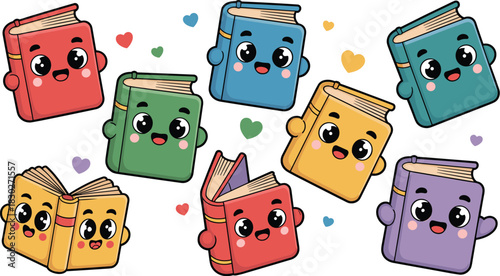 A vibrant collection of cute, colorful vector cartoon book characters happily floating and smiling, symbolizing essential knowledge, education, and literacy; a playful graphic resource for school, col