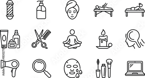 Beauty and Spa line icons set, Cosmetics, Hairdresser, Massage, Meditation, Barber Pole, Face Mask, Makeup, and Salon vector collection