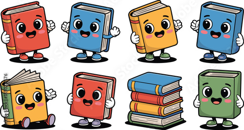 A vibrant collection of happy, cute anthropomorphic cartoon book mascots featuring various poses, bright primary colors, and cheerful smiling faces, perfect vector illustrations for promoting literacy