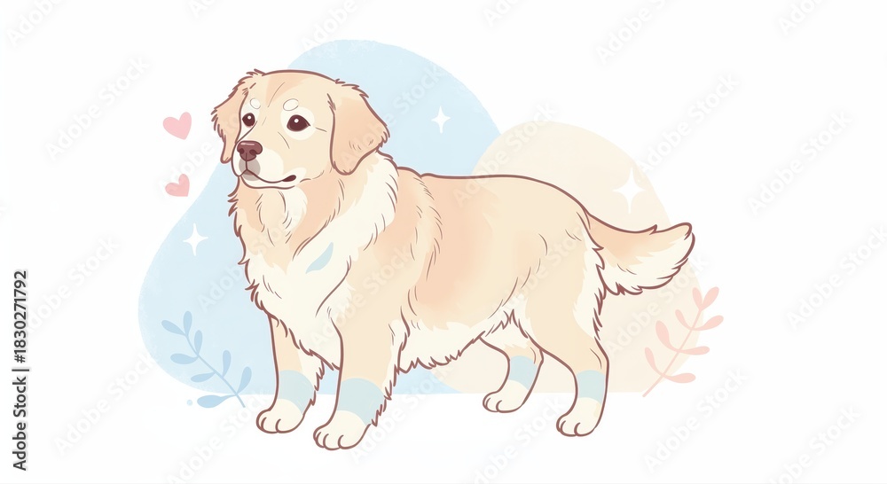 Fototapeta premium Golden Retriever Illustration: Captivating illustration of a golden retriever exudes warmth and affection. The dog's endearing expression and gentle demeanor evoke a sense of comfort and joy.