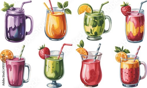 Vibrant watercolor illustration set showcasing eight colorful healthy detox drinks and fresh fruit smoothies, featuring layered ingredients in various glasses, perfect for modern nutrition blogs, summ