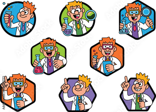 Diverse vector cartoon male chemistry scientist avatars displaying experimentation, research, and innovation solutions using colorful laboratory flasks, test tubes, and protective safety goggles for e