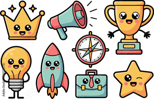 Adorable kawaii cartoon vector icons representing successful business strategy and leadership, featuring a winning trophy, innovation lightbulb, launch rocket, directional compass, professional briefc