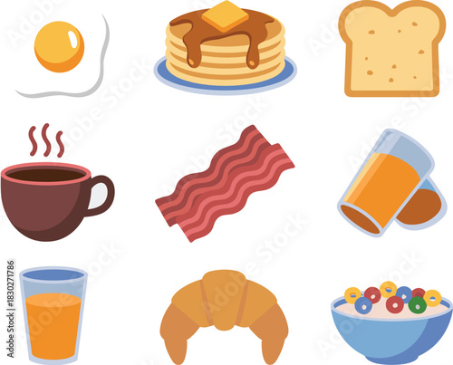 Diverse breakfast food icons collection featuring savory and sweet meal elements like egg, bacon, coffee, pancakes, bread toast, and colorful cereal in a minimalist flat vector graphic style, perfect