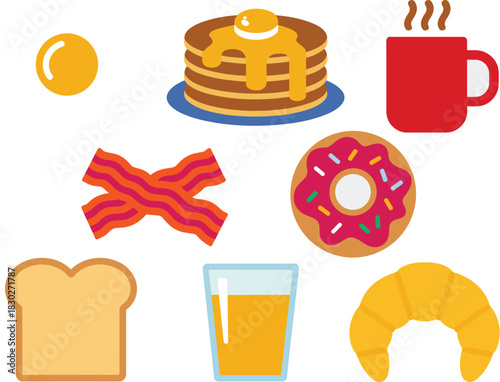 Delicious morning breakfast and brunch food elements set in a modern flat design vector graphic style featuring pancakes, sweet donut, savory bacon, fried egg, coffee cup, orange juice, toast, and cro