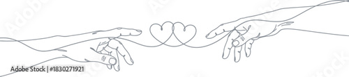 Line art illustration of two hands reaching, connected by a single line forming two hearts, symbolizing love and a bond. Vector