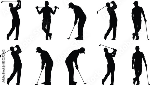 Black Golf Player Silhouettes Vector Set: Golfer Swinging, Driving, Putting, and Posing Collection for Sports and Leisure Graphic Design