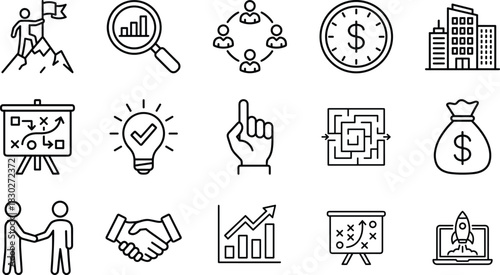 Business Strategy, Goals, and Success Line Icons Set, Including Planning, Investment, Teamwork, Time, Innovation, and Startup Launch Concepts.