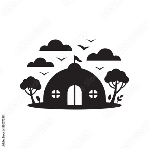 Silhouette of a dome house with trees and clouds
