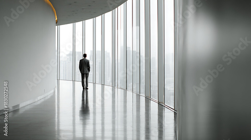 business man standing in modern office hallway with large window natural light minimal interior design expressing focus ambition leadership and professional corporate lifestyle