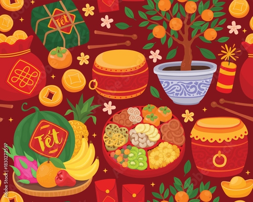 Seamless pattern with elements for Vietnamese Lunar New Year (Tet). Bright holiday elements, fruits for offerings, candy box, tangerine tree, sweets, drum, lucky money bag on red background.