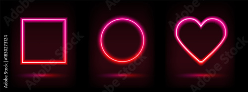 Vector illustration. Neon glowy frames in square, round and heart shapes. on dark background.