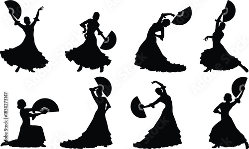 Set of eight dramatic Flamenco dancer silhouettes in long ruffled dresses, performing passionate Spanish dance poses with hand fans, representing culture and performance vector.
