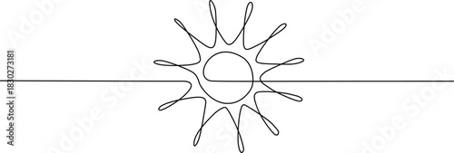 Single line art drawing of sun with radiating rays, abstract minimalist Vector