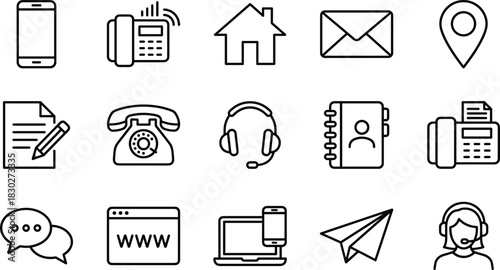Contact Us, Communication, and Customer Support Line Icons Set, Including Phone, Email, Location, Chat, Address Book, and Web Browser.