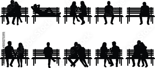 Black Silhouettes of People Sitting on Park Benches: Couples, Singles, Friends, and Resting Individuals Vector Collection for Public Space Graphic Design