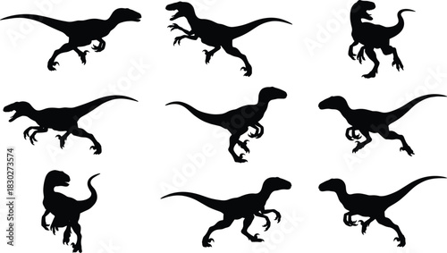 Black Velociraptor Dinosaur Silhouettes Vector Set Prehistoric Jurassic Predator Animal Ancient Wildlife Paleo Icons Collection Graphic Design