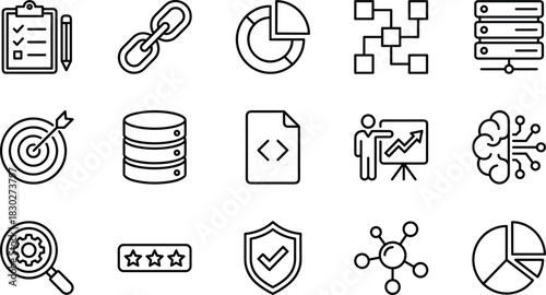 Business Analysis, Data Management, Security, and Development Line Icon Set, Targeting, Database, SEO, Strategy, Protection, and Artificial Intelligence Outline Symbols