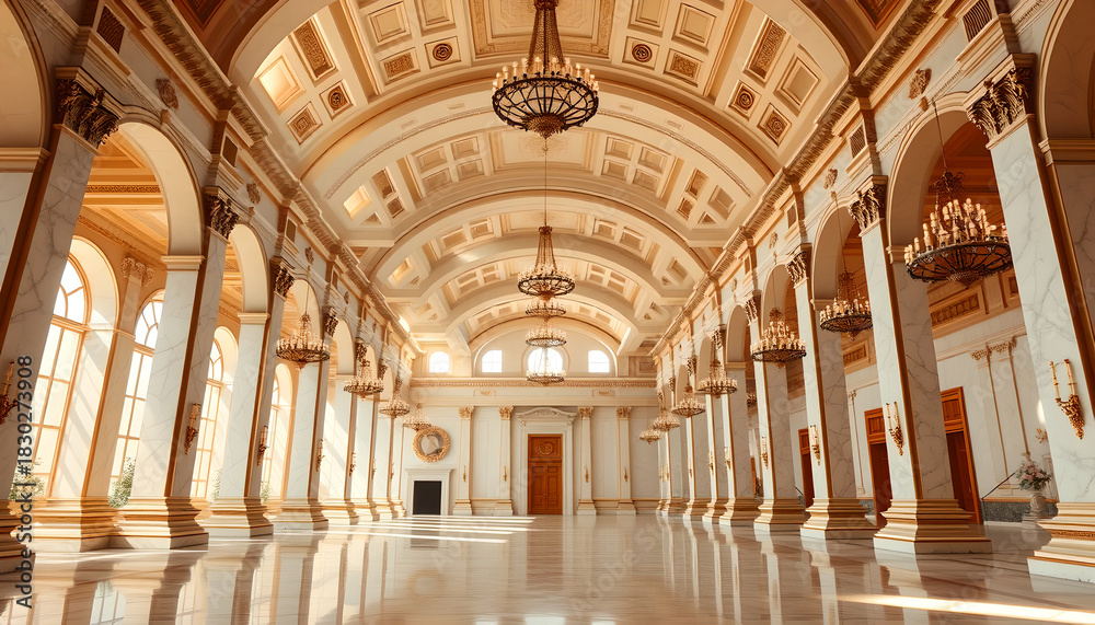 Fototapeta premium Opulent Neoclassical Ballroom with Gilded Ceiling and Marble Floor